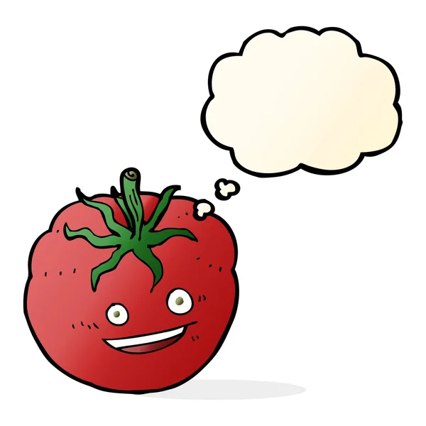 Desenho animado tomate feliz com bolha de pensamento — Vetor de Stock