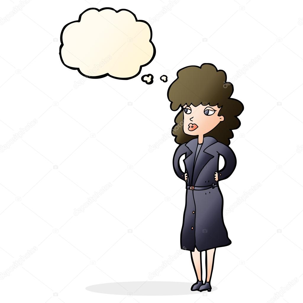 Cartoon woman in trench coat with thought bubble Stock Illustration by ...