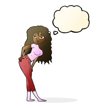 Karikatür çekici kadın düşünce baloncuğuna şaşırmış görünüyor