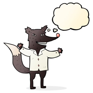 Düşünce baloncuklu tişört giyen mutlu kurt.