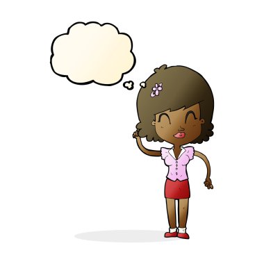 Düşünce baloncuğu olan güzel bir kadın.