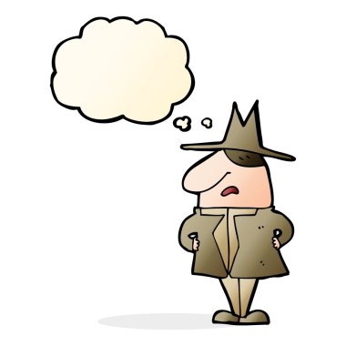 Düşünce baloncuklu palto ve şapka giyen adam.