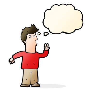 düşünce balonu ile barış işareti veren çizgi film adam