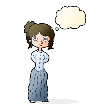 Düşünce baloncuğu olan mutlu çizgi film kadını