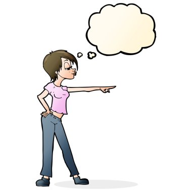 Çizgi film kadını düşünce balonunu işaret ediyor.