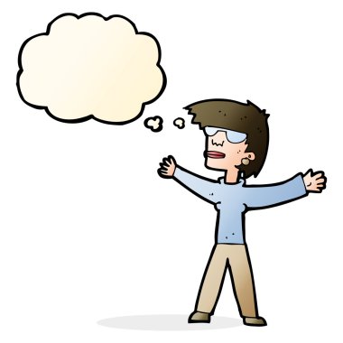 Düşünce balonlu gözlük takan çizgi film kadını.