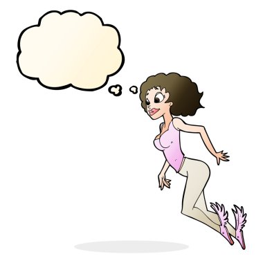 Düşünce baloncuğu olan uçan kadın.