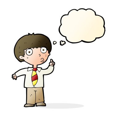 Düşünce baloncuğu sorusu olan bir okul çocuğu.