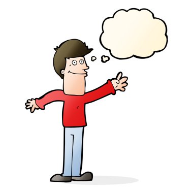 çizgi film mutlu adam düşünce baloncuğuyla el sallıyor