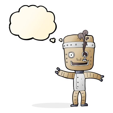 Düşünce baloncuklu komik yaşlı robot.