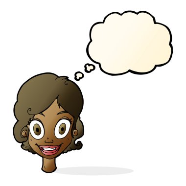 Düşünce baloncuğu olan mutlu çizgi film kadını