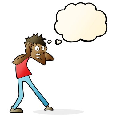 Düşünce baloncuğuyla panikleyen çizgi film adamı.