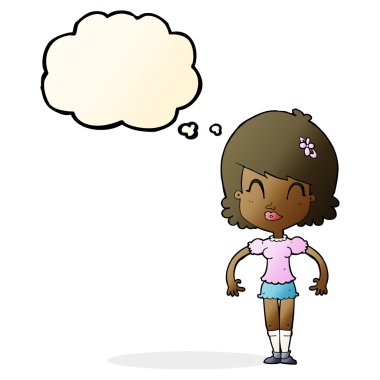 Düşünce baloncuğu olan mutlu güzel bir kadın.