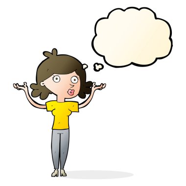 Çizgi filmdeki kadın düşünce balonuyla kollarını havaya kaldırıyor.