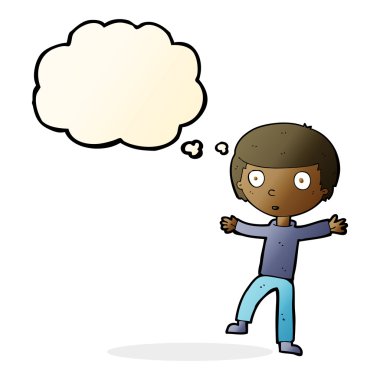 Düşünce baloncuğu olan ürkmüş bir çocuk.