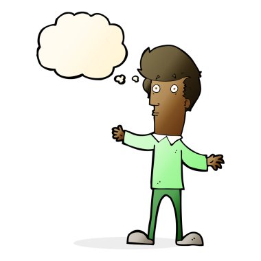 Düşünce baloncuğu olan ürkmüş bir adam.