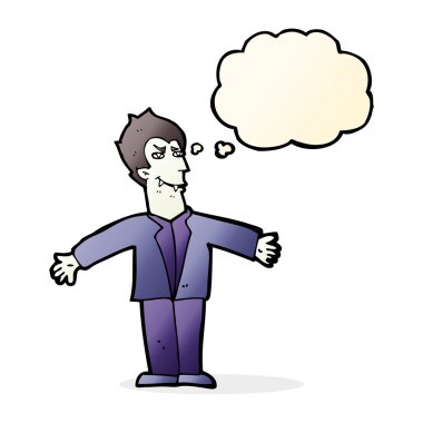 Düşünce baloncuğuyla kollarını açmış vampir bir çizgi film kahramanı.