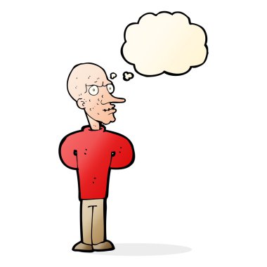 Düşünce baloncuğu olan şeytani kel adam.