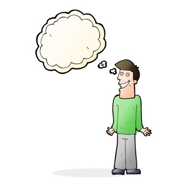 Çizgi filmci düşünce baloncuğuyla omuz silkiyor.