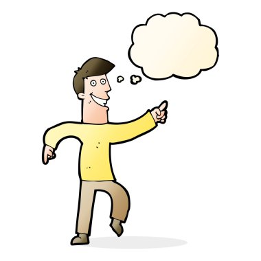 Düşünce baloncuğu ile sırıtan çizgi film adamı.