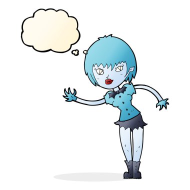 Düşünce baloncuğuyla karşılayan vampir kız.