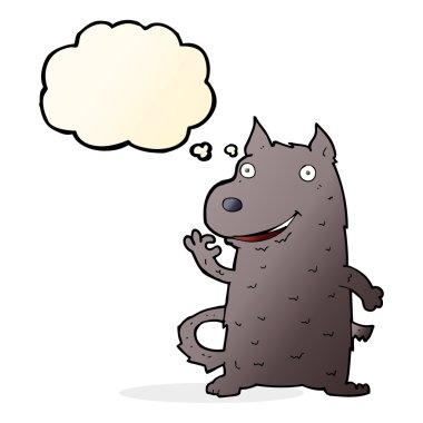 Düşünce baloncuklu mutlu bir köpek.