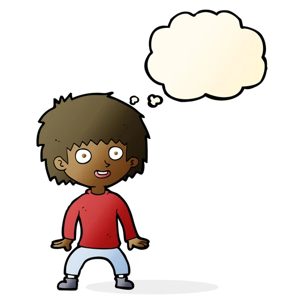Cartoon opgewonden jongen met gedachte zeepbel — Stockvector
