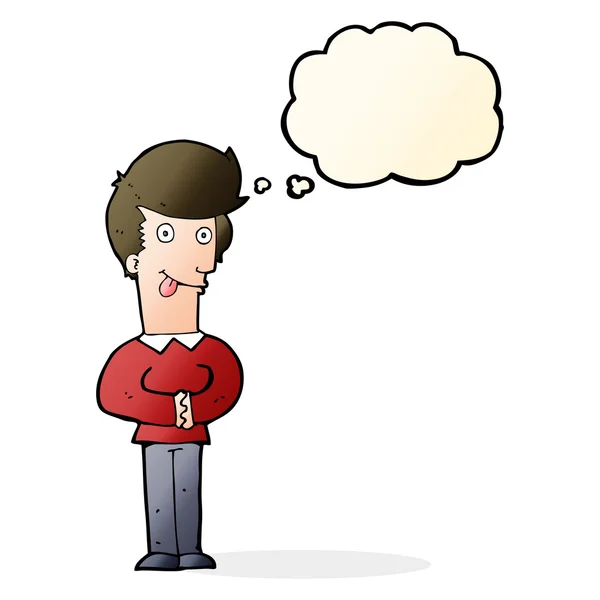 Cartoon man sticking out tongue with thought bubble — Stock Vector