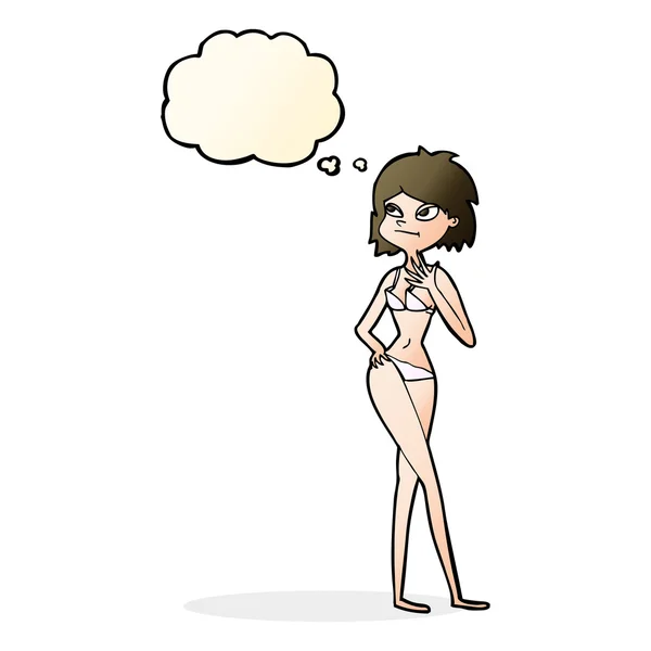 Cartoon vrouw in bikini met gedachte bubble — Stockvector