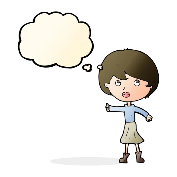Mujer de dibujos animados haciendo una pregunta con burbuja de pensamiento — Vector de stock