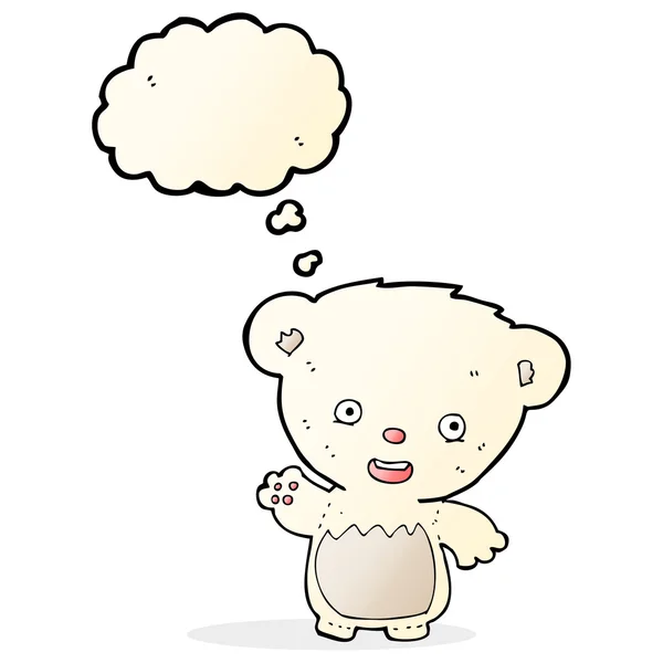 Cartoon polar bear cub waving with thought bubble — Stock Vector