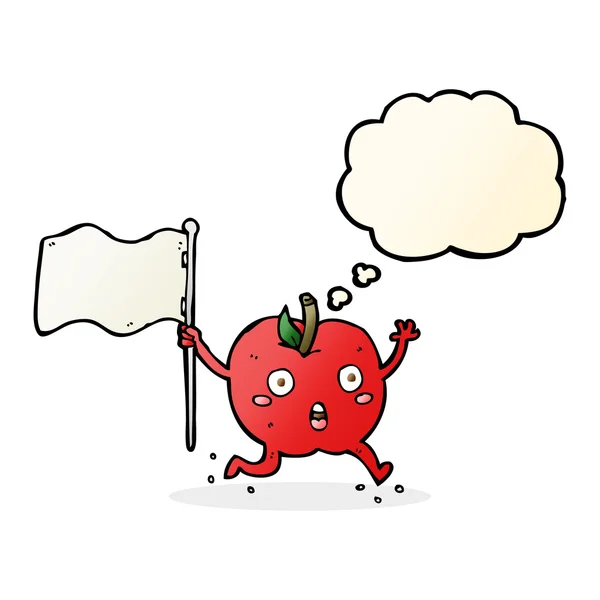 Karikatur lustiger Apfel mit Fahne mit Gedankenblase — Stockvektor