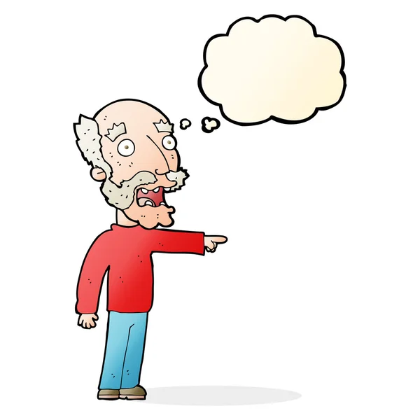 Cartoon scared old man pointing with thought bubble — Stock Vector