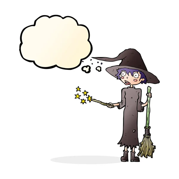 Cartoon witch casting spell with thought bubble — Stock Vector