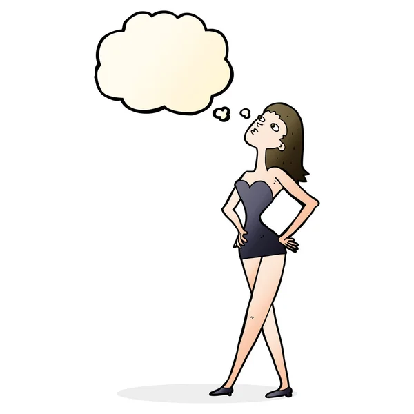 Mujer de dibujos animados en vestido de fiesta con burbuja de pensamiento — Vector de stock