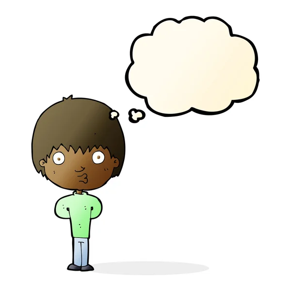Dibujos animados silbando chico con burbuja de pensamiento — Vector de stock