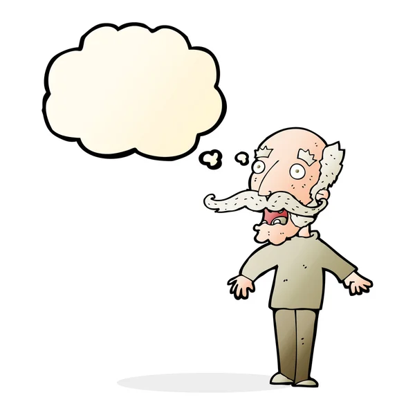 Hombre viejo de dibujos animados jadeando sorprendido con burbuja de pensamiento — Vector de stock