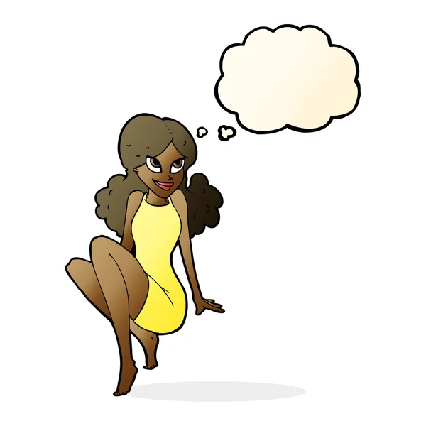 Dibujos animados mujer atractiva posando con burbuja de pensamiento — Vector de stock