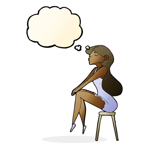 Cartoon woman sitting on stool with thought bubble — Stock Vector