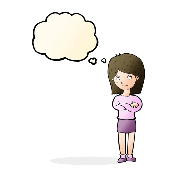 Cartoon friendly girl rolling eyes with thought bubble — Stock Vector