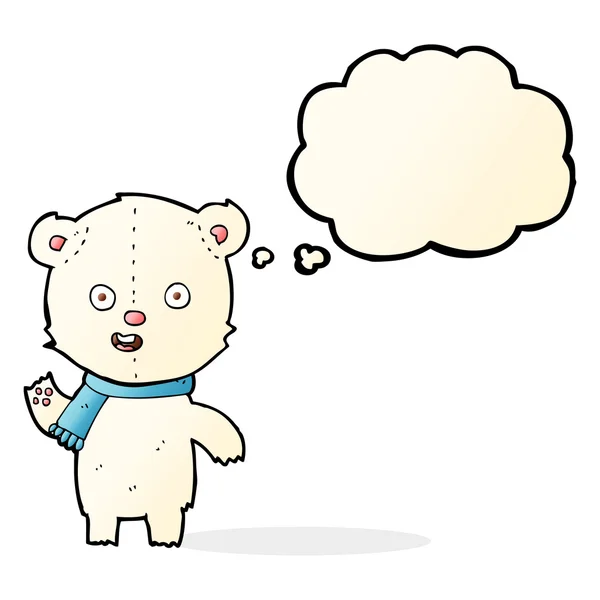 Cartoon viftande polar bear cub med halsduk med tankebubbla — Stock vektor