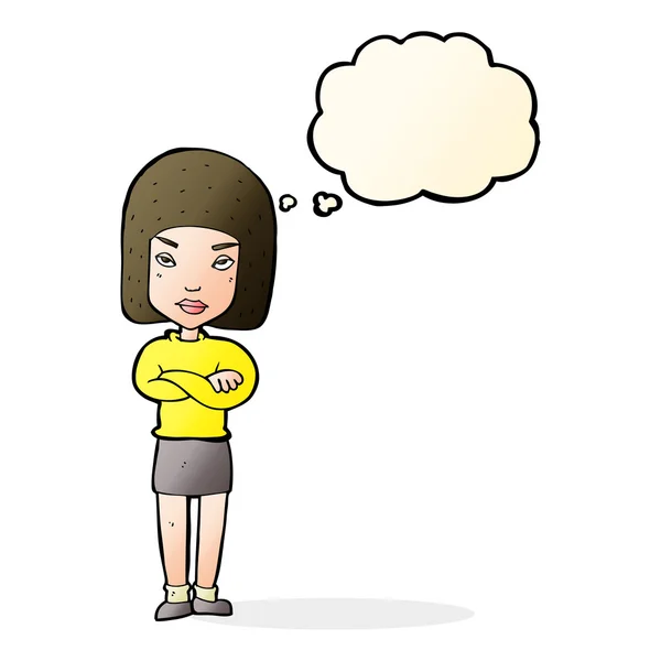 Cartoon woman with crossed arms with thought bubble — Stock Vector