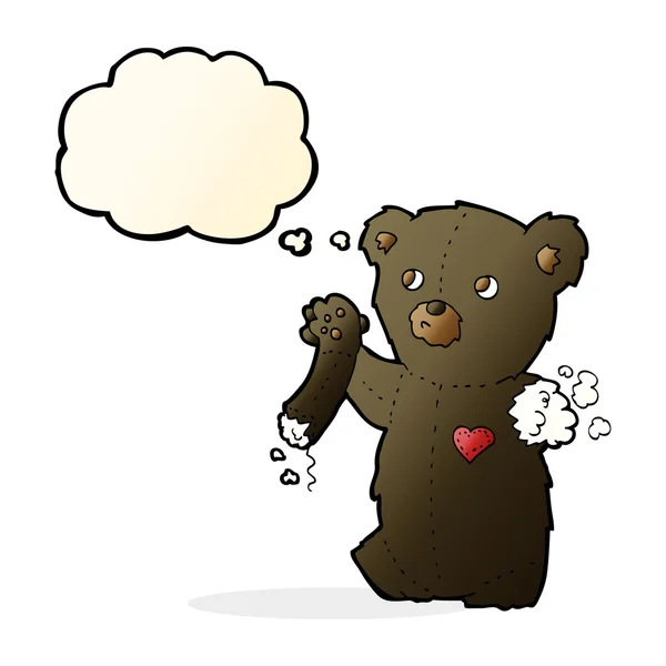 Мультяшный плюшевый черный медведь с оторванной рукой с мыслепузырем — стоковый вектор