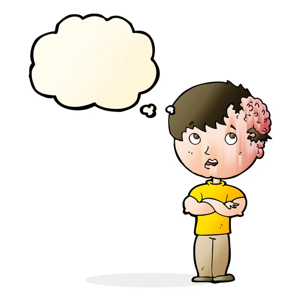 Cartoon boy with growth on head with thought bubble — Stock Vector