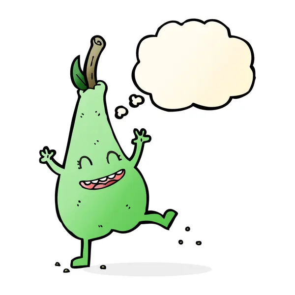 Cartoon glücklich tanzende Birne mit Gedankenblase — Stockvektor
