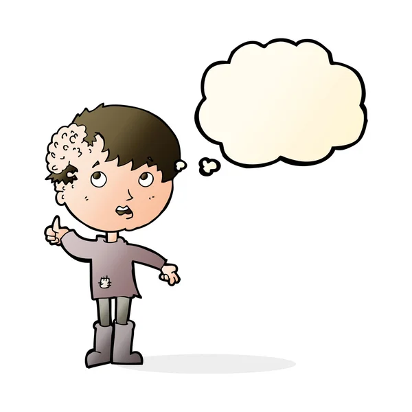 Cartone animato ragazzo con la crescita sulla testa con bolla di pensiero — Vettoriale Stock