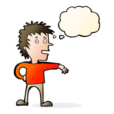 Çizgi filmci, düşünce baloncuğuyla umursamaz jest yapıyor.