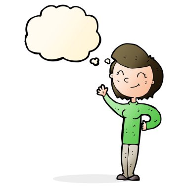 Düşünce baloncuğu olan karikatür dostu el sallayan kadın