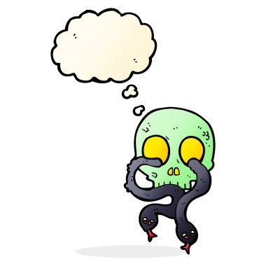 Düşünce balonlu yılanlı karikatür kafatası