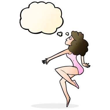 Düşünce baloncuğu olan dans eden kadın.